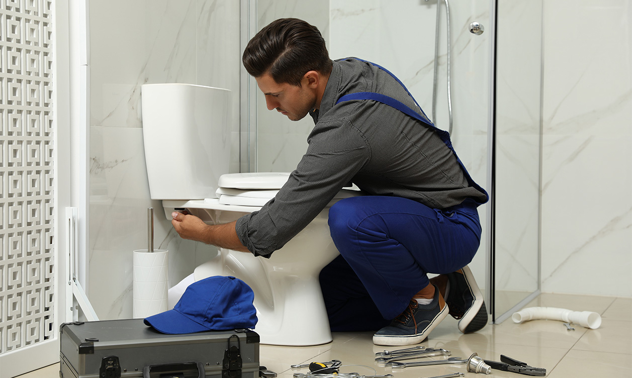Professional plumber providing plumbing services with toilet bowl in bathroom